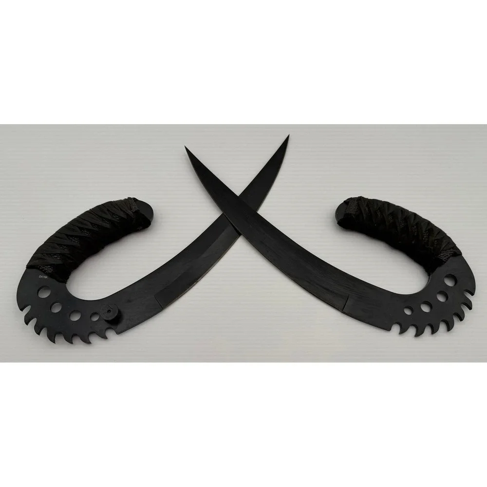 Dual Fantasy Hook Blades Matte Black Serrated Curved Tactical Display Knives Set